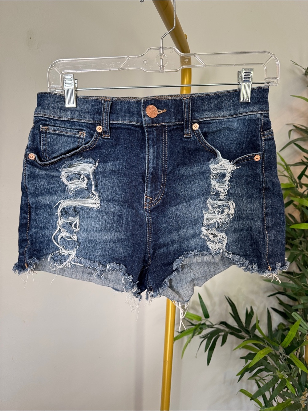 Express Dark Blue Distressed Denim raw hem Shorts EUC 4